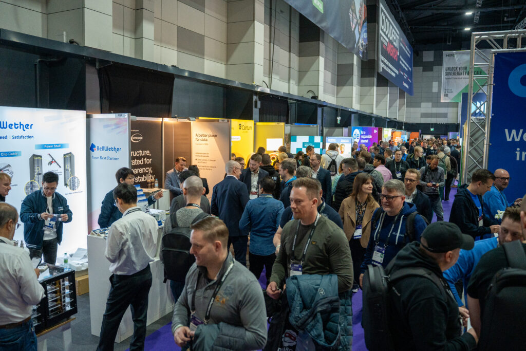 Busy exhibition floor at CloudFest 2026 with infrastructure professionals, MSPs, and vendors discussing cloud and data center solutions.