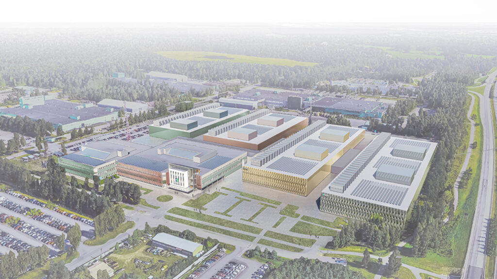 Aerial view of a rendering of Campus Oulu, a planned data center campus in Oulu, Finland. The image shows several large data center buildings surrounded by roads, green spaces, and industrial facilities. The campus is designed to support AI infrastructure and high-performance computing.